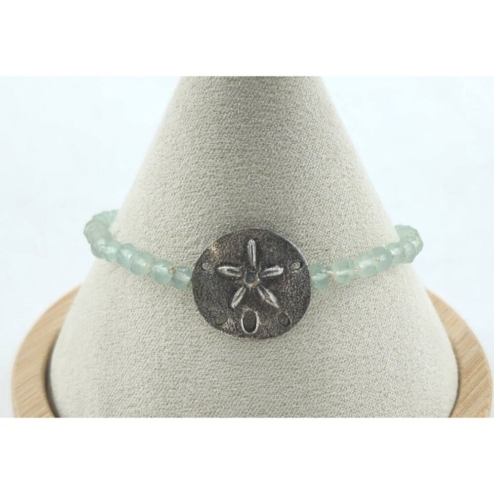 925 Sterling Silver Beach Sand Dollar Shell Charm Blue Beaded Toggle‎ Bracelet